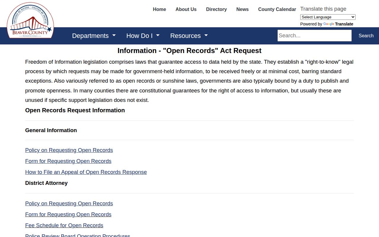 Beaver County booking-record open-records request page