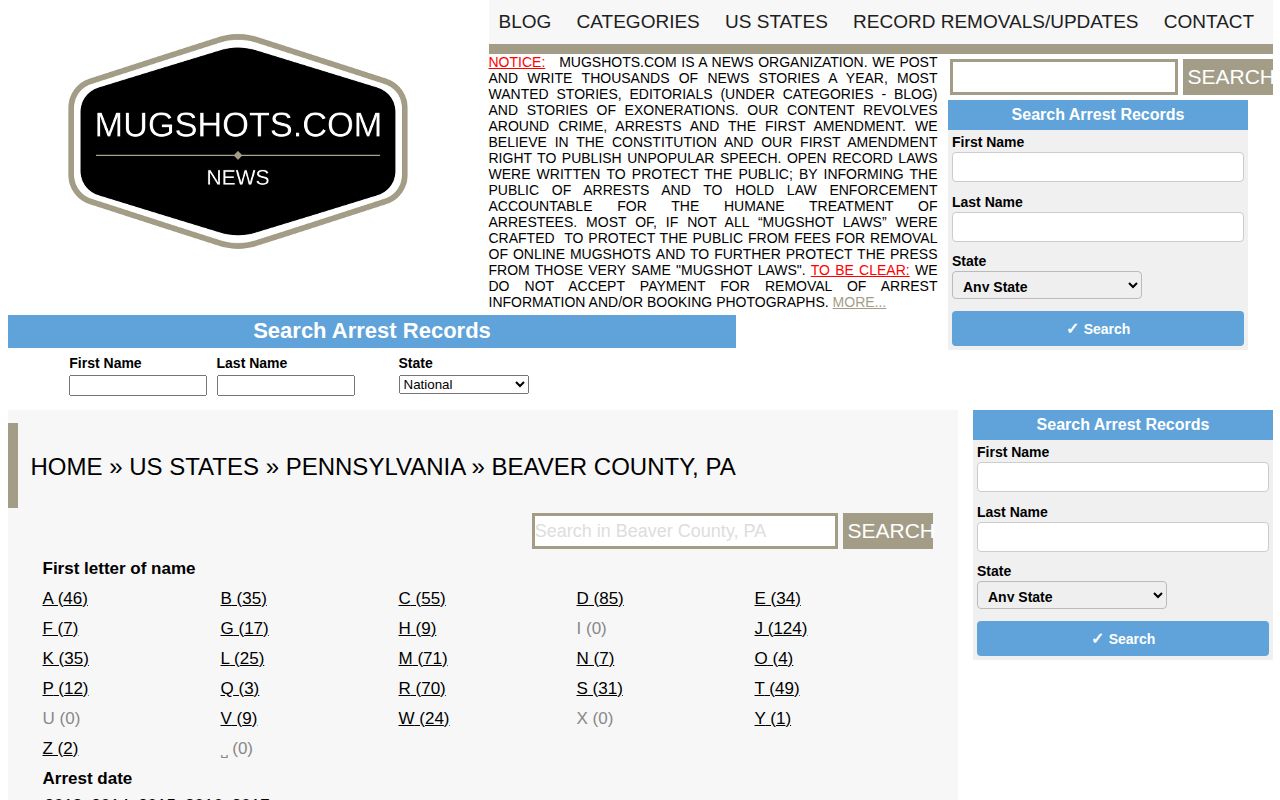Unofficial historical Beaver County Mugshots.com index