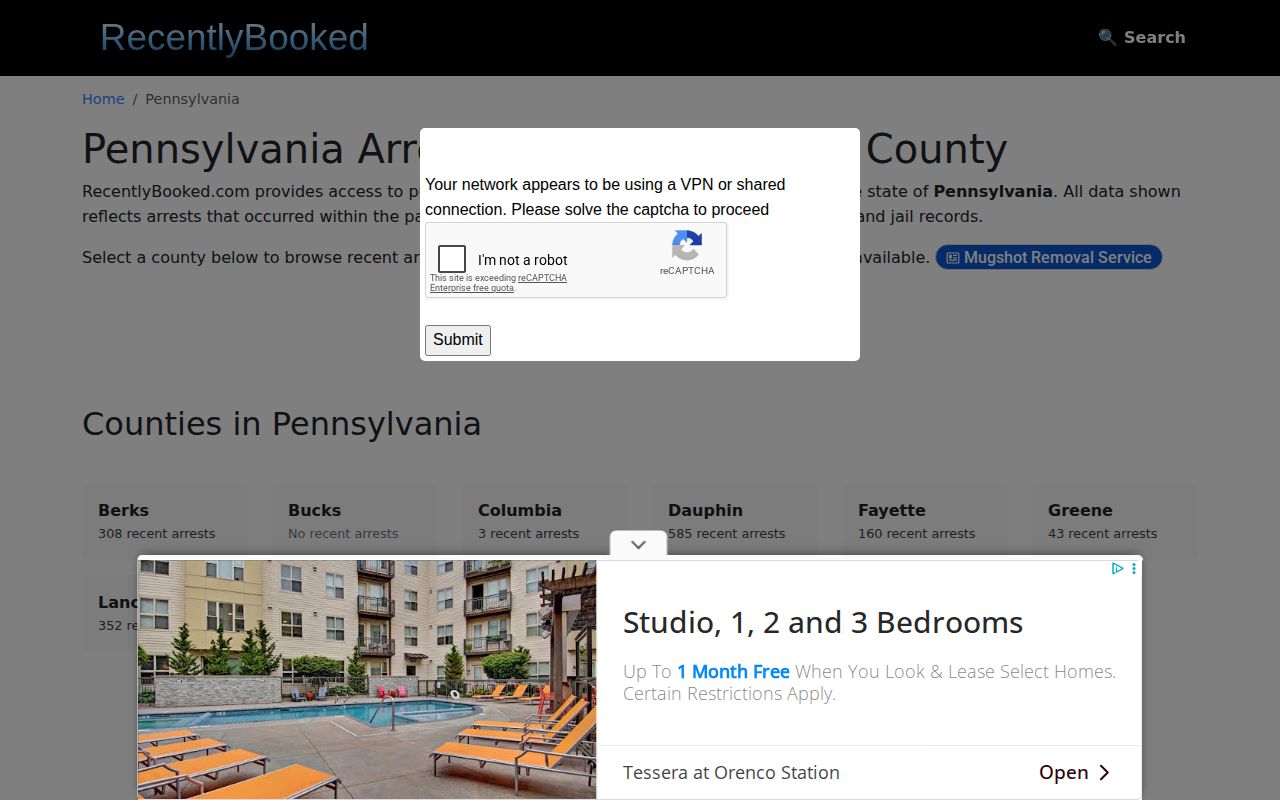 RecentlyBooked Pennsylvania index without a verified Beaver County listing