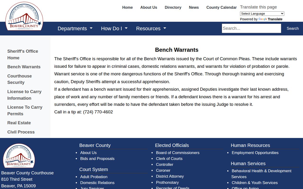 Beaver County bench-warrant information from the Sheriff’s Office